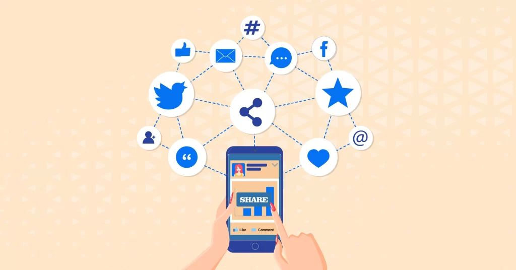 smartphone with a "share" icon, surrounded by various social media icons like Twitter, Facebook, and hashtags, representing a network