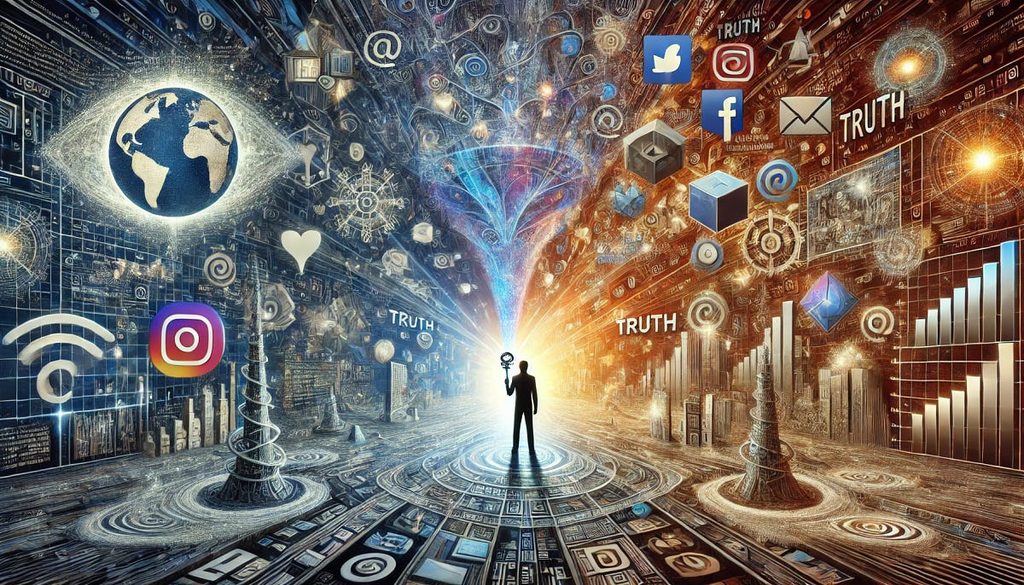 A person standing surrounded by social media, technology, and information while searching for the truth online.