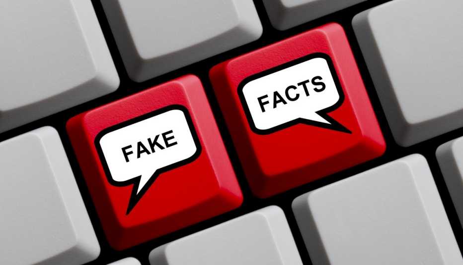 A close up picture of a keyboard with two red keys and the rest grey. One red key says "Fake" in a conversation bubble and the other red key says "Facts" in a conversation bubble.