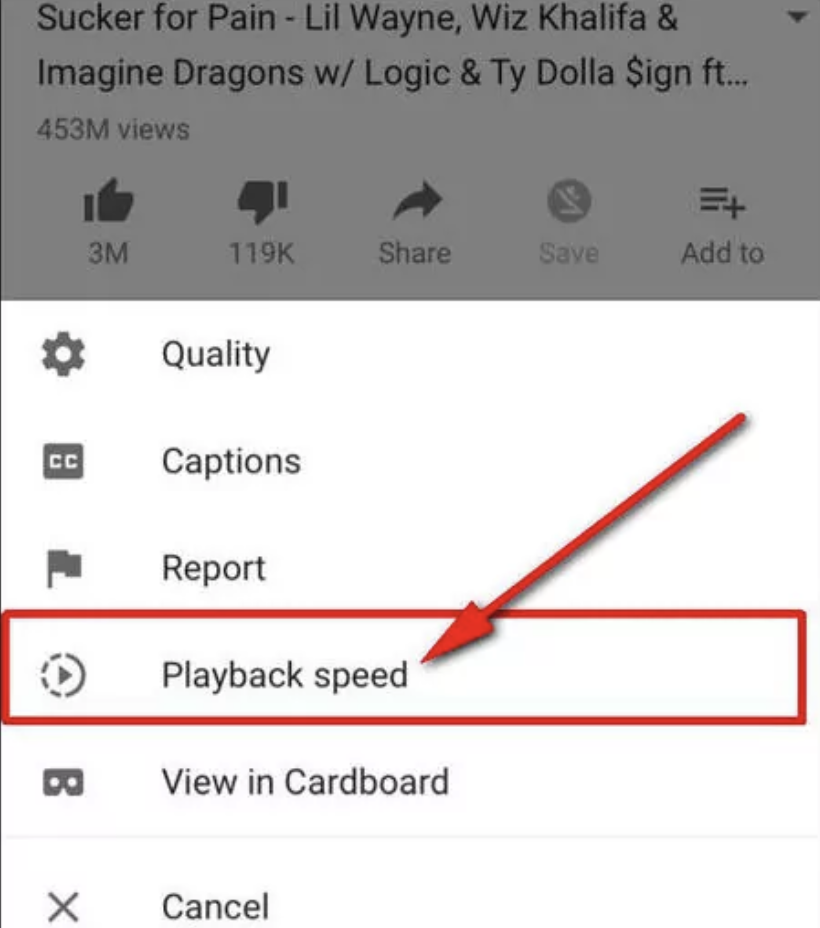 The image shows where to find the playback speed on a YouTube video.