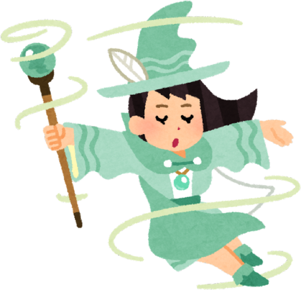 Girl floating in the air dressed as a wizard in a green cloak, hat, shoes, and holding a staff.